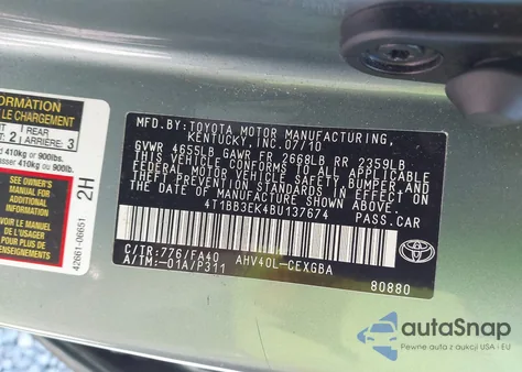 2011 Toyota Camry Hybrid из США, поврежденный, VIN 4T1BB3EK4BU137674